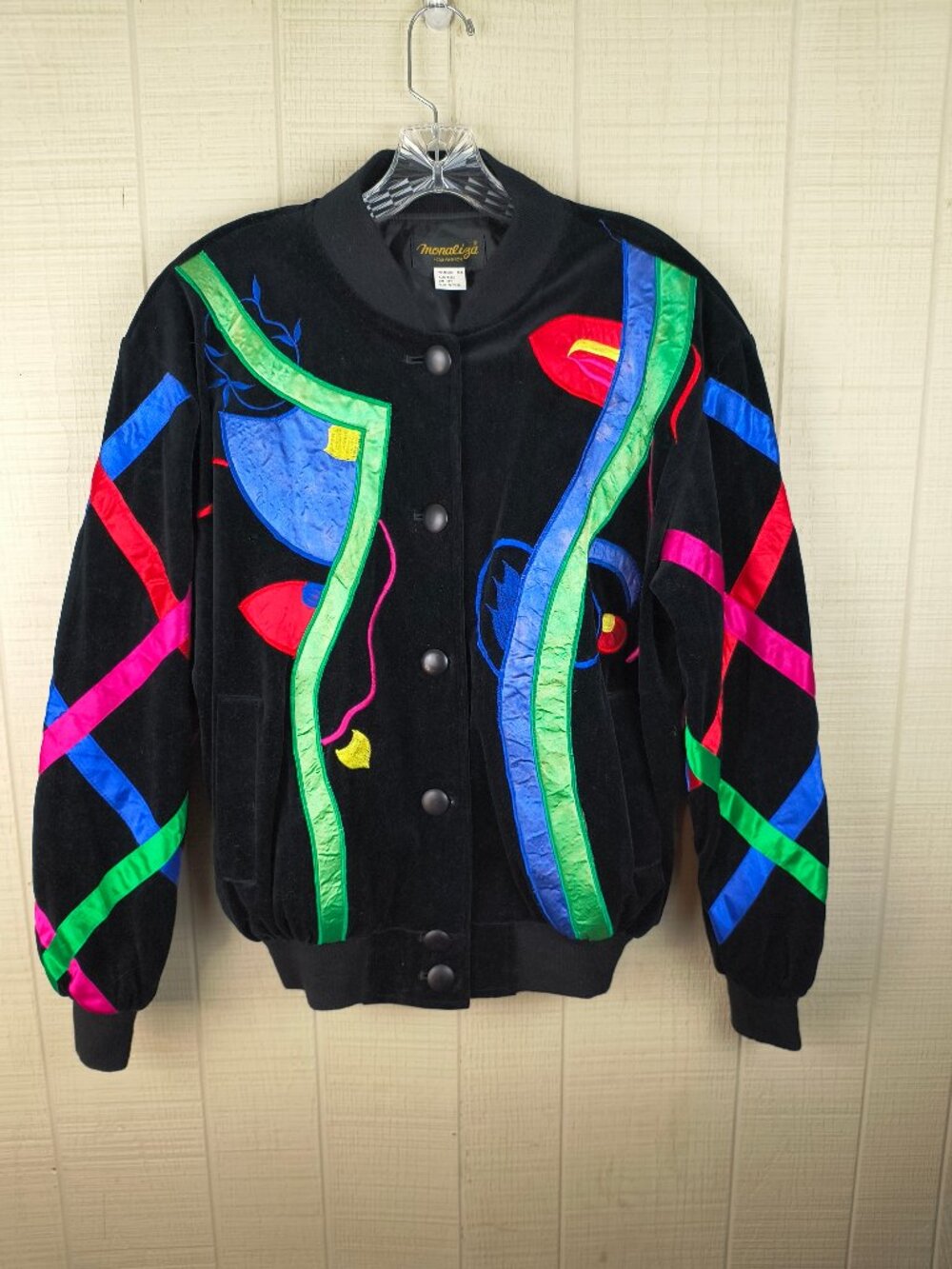 Vintage 80s Monaliza Velvet Bomber Jacket Satin Applique Colorful Glam